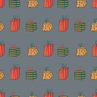 The Christmas pattern with elements - Christmas trees, gifts, stars, snowflakes, and ornaments. The hand-drawn element. Seamless pattern for wrapping paper, textile prints, and background designs. vector