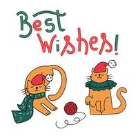 Christmas postcards with cute doodle elements.Cute fanny Christmas cats. vector