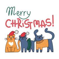 Christmas postcards with cute doodle elements.Cute fanny Christmas cats. vector