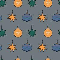 The Christmas pattern with elements - Christmas trees, gifts, stars, snowflakes, and ornaments. The hand-drawn element. Seamless pattern for wrapping paper, textile prints, and background designs. vector