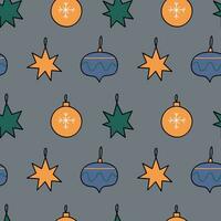 The Christmas pattern with elements - Christmas trees, gifts, stars, snowflakes, and ornaments. The hand-drawn element. Seamless pattern for wrapping paper, textile prints, and background designs. vector