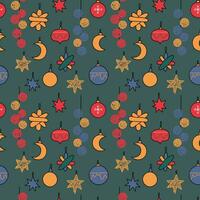 The Christmas pattern with elements - Christmas trees, gifts, stars, snowflakes, and ornaments. The hand-drawn element. Seamless pattern for wrapping paper, textile prints, and background designs. vector