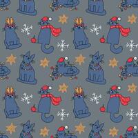 The Christmas pattern with elements - Christmas trees, gifts, stars, snowflakes, and ornaments. The hand-drawn element. Seamless pattern for wrapping paper, textile prints, and background designs. vector