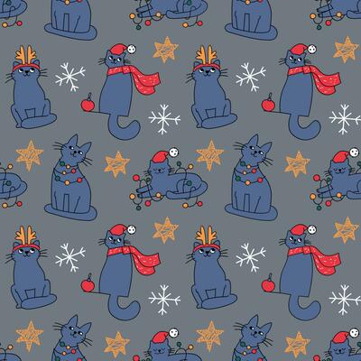 The Christmas pattern with elements - Christmas trees, gifts, stars, snowflakes, and ornaments. The hand-drawn element. Seamless pattern for wrapping paper, textile prints, and background designs.