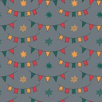 The Christmas pattern with elements - Christmas trees, gifts, stars, snowflakes, and ornaments. The hand-drawn element. Seamless pattern for wrapping paper, textile prints, and background designs. vector