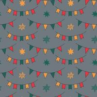 The Christmas pattern with elements - Christmas trees, gifts, stars, snowflakes, and ornaments. The hand-drawn element. Seamless pattern for wrapping paper, textile prints, and background designs. vector