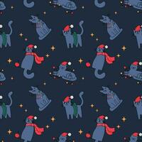 The Christmas pattern with elements - Christmas trees, gifts, stars, snowflakes, and ornaments. The hand-drawn element. Seamless pattern for wrapping paper, textile prints, and background designs. vector