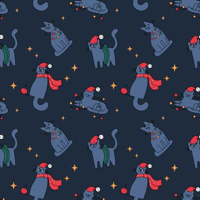 The Christmas pattern with elements - Christmas trees, gifts, stars, snowflakes, and ornaments. The hand-drawn element. Seamless pattern for wrapping paper, textile prints, and background designs.