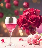 AI generated Roses and wine glasses on the table For celebrating Valentine's Day photo