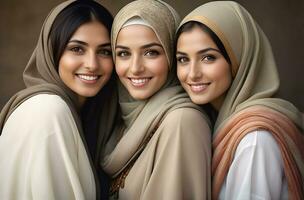 AI generated Beautiful group of Muslims women smiling and laughing wearing a hijab and decorated shawl photo