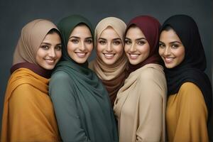 AI generated Beautiful group of Muslims women smiling and laughing wearing a hijab and decorated shawl photo