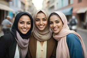 AI generated Beautiful group of Muslims women smiling and laughing wearing a hijab and decorated shawl photo