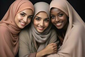 AI generated Beautiful group of Muslims women smiling and laughing wearing a hijab and decorated shawl photo