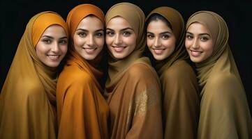 AI generated Beautiful group of Muslims women smiling and laughing wearing a hijab and decorated shawl photo