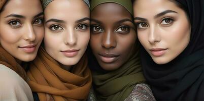 AI generated Beautiful group of Muslims women smiling and laughing wearing a hijab and decorated shawl photo