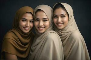 AI generated Beautiful group of Muslims women smiling and laughing wearing a hijab and decorated shawl photo