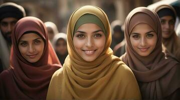 AI generated Beautiful group of Muslims women smiling and laughing wearing a hijab and decorated shawl photo