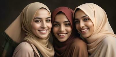 AI generated Beautiful group of Muslims women smiling and laughing wearing a hijab and decorated shawl photo