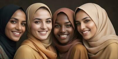 AI generated Beautiful group of Muslims women smiling and laughing wearing a hijab and decorated shawl photo