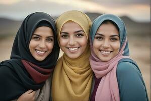 ai generado hermosa grupo de musulmanes mujer sonriente y riendo vistiendo un hijab y decorado chal foto