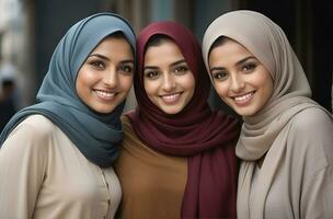 AI generated Beautiful group of Muslims women smiling and laughing wearing a hijab and decorated shawl photo