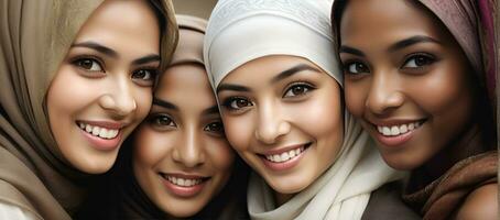 AI generated Beautiful group of Muslims women smiling and laughing wearing a hijab and decorated shawl photo