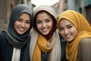 AI generated Beautiful group of Muslims women smiling and laughing wearing a hijab and decorated shawl photo