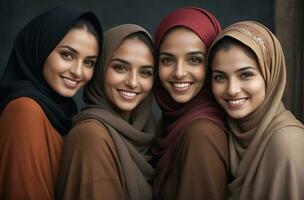 AI generated Beautiful group of Muslims women smiling and laughing wearing a hijab and decorated shawl photo