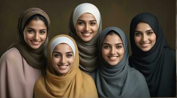 AI generated Beautiful group of Muslims women smiling and laughing wearing a hijab and decorated shawl photo