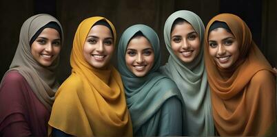 AI generated Beautiful group of Muslims women smiling and laughing wearing a hijab and decorated shawl photo