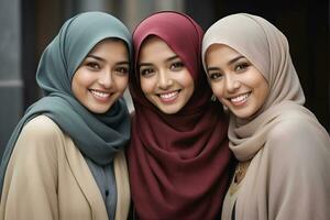 AI generated Beautiful group of Muslims women smiling and laughing wearing a hijab and decorated shawl photo