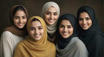 AI generated Beautiful group of Muslims women smiling and laughing wearing a hijab and decorated shawl photo