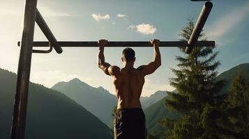 ai generado muscular hombre haciendo dominadas en horizontal bar en el montañas, peso corporal ejercicios foto