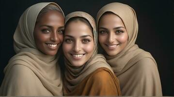 AI generated Beautiful group of Muslims women smiling and laughing wearing a hijab and decorated shawl photo