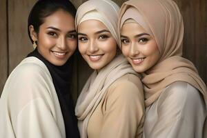 AI generated Beautiful group of Muslims women smiling and laughing wearing a hijab and decorated shawl photo