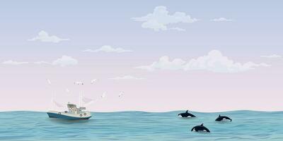 Seascape with fishing boat followed by seagulls and killer whale pack have dramatic sky background vector illustration. Ocean with ship, seagulls, orca, sky and clouds background.