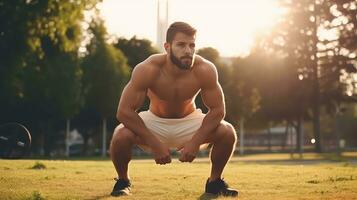 ai generado muscular hombre atleta haciendo Lagartijas como parte de culturismo capacitación, peso corporal ejercicios foto