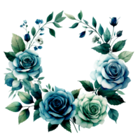 AI generated A wreath of blue roses with green leaves on a transparent background png