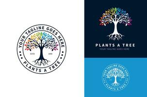 clásico roble árbol raíz silueta con brillante de colores hojas. residencial paisaje etiqueta sello logo diseño con oscuro blanco antecedentes vector