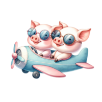 AI generated Couple piggy  in airplane watercolor illustration.AI Generate png