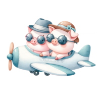 AI generated Couple piggy  in airplane watercolor illustration.AI Generate png