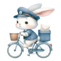 AI generated Bunny like a postman sending love envelope by bicycle  watercolor illustration . .AI Generate png