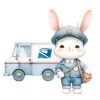 ai generado conejito me gusta un cartero enviando amor sobre por correo camión acuarela ilustración . .ai generar png