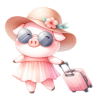 AI generated Cute pig in sunglasses with a suitcase watercolor illustration.AI Generate png