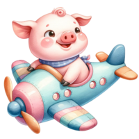 AI generated cute pig pilot on airplane watercolor illustration.AI Generate png