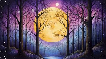 AI generated A large yellow full moon in the middle of the forest, drawn with purple and dark blue and black colored pencils. photo