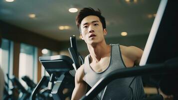 AI generated Handsome korean man training on exercise bike in the gym, Cardio routines photo