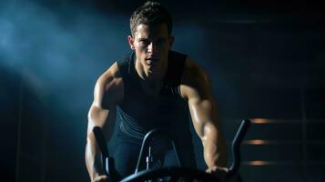 AI generated Handsome young man doing cardio on exercise bike in dark gym, Cardio routines photo