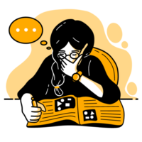 Orange illustration de une étudiant en train de lire une livre png