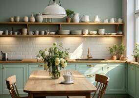 ai generado un hermosa verde cocina con de madera encimeras foto